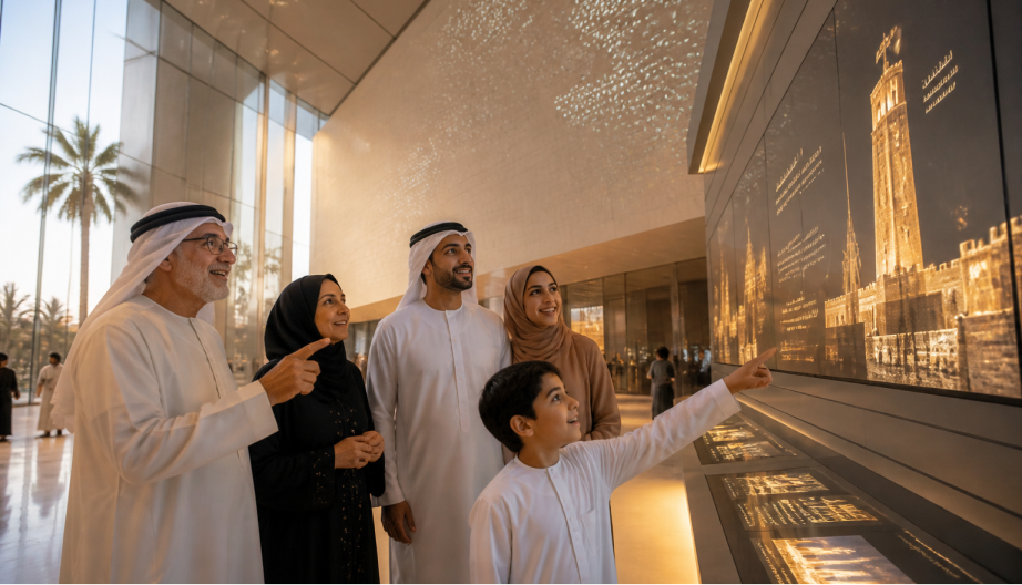 A multigenerational Emirati family explores an AI-powered interactive heritage display inside a modern UAE museum, sharing a moment of curiosity and discovery.