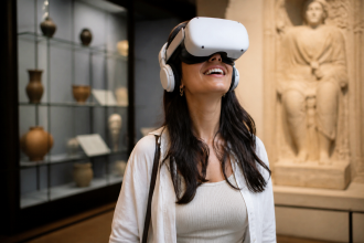 A museum visitor wearing a VR headset experiences an immersive virtual reality exhibit that brings history and culture to life.