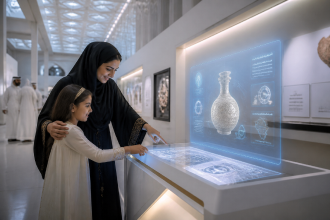 A woman and a young girl explore an AI-powered interactive museum exhibit in the UAE, using a touchscreen and holographic display to learn about a historic ceramic artifact in a modern cultural gallery.