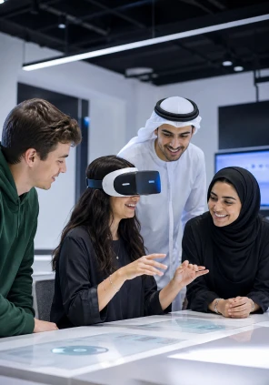 Group interacts with an interactive touchscreen display at a technology exhibition booth