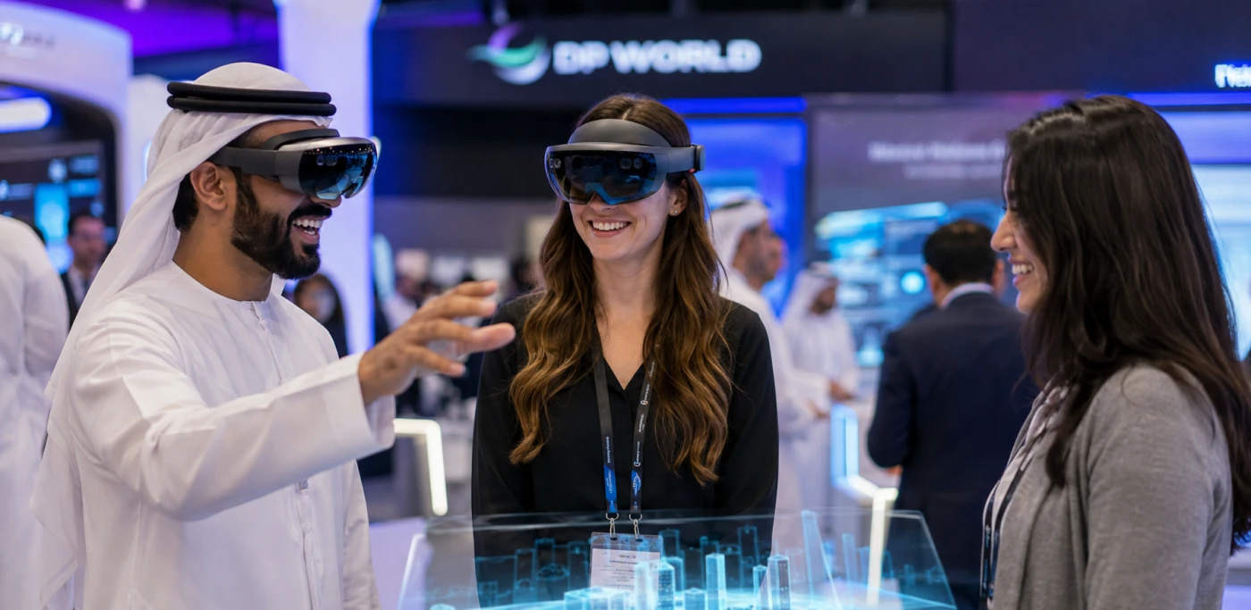 Man in traditional Emirati dress demonstrates mixed-reality headset technology to two women at a DP World innovation exhibit