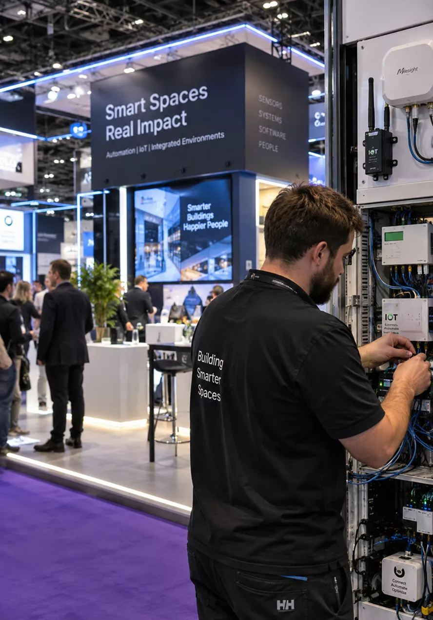 a-technician-sets-up-av-equipment-in-front-of-a-smart-spaces-real-impact-display-at-an-exhibition-stand