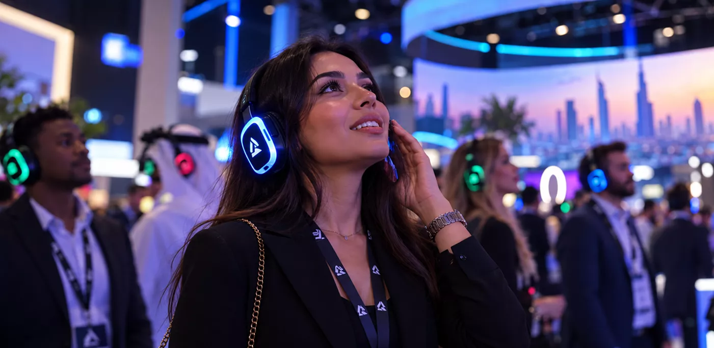 a-woman-wearing-illuminated-wireless-headphones-listens-intently-at-a-live-event-with-a-crowd-of-attendees-in-similar-headsets-and-a-city-skyline-projected-behind-her