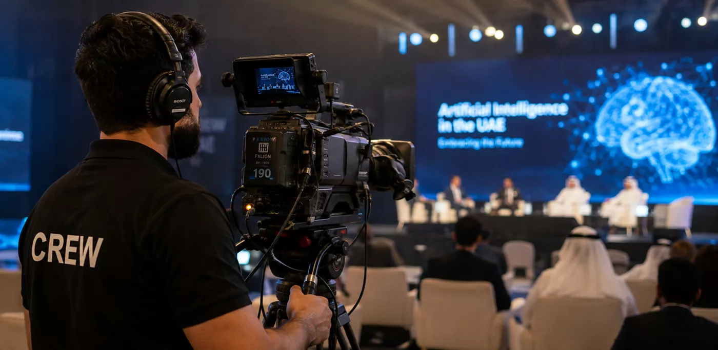 camera-operator-films-a-panel-discussion-at-an-artificial-intelligence-in-the-uae-conference-from-behind-the-stage