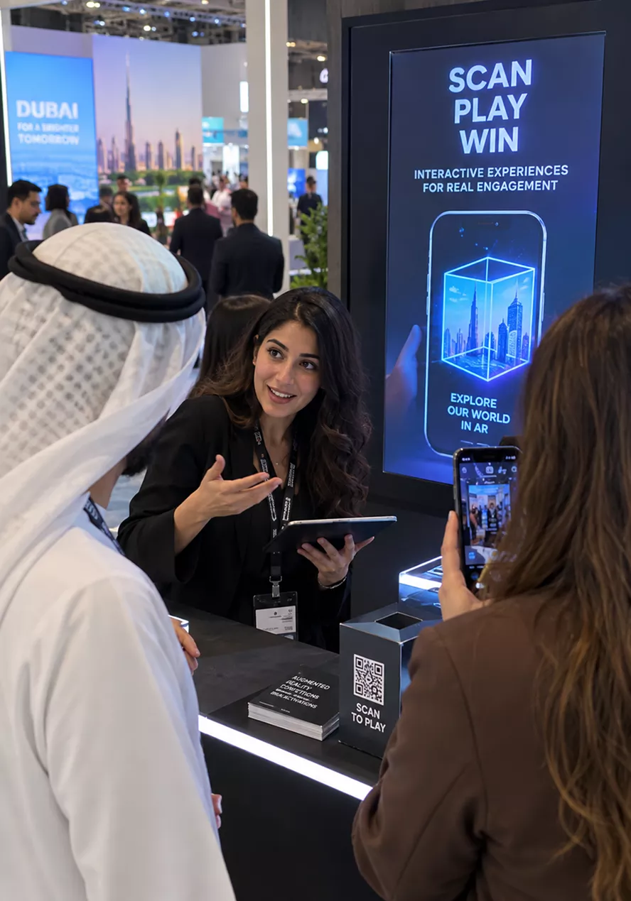 two-attendees-scan-a-qr-code-on-a-scan-play-win-interactive-screen-using-a-smartphone
