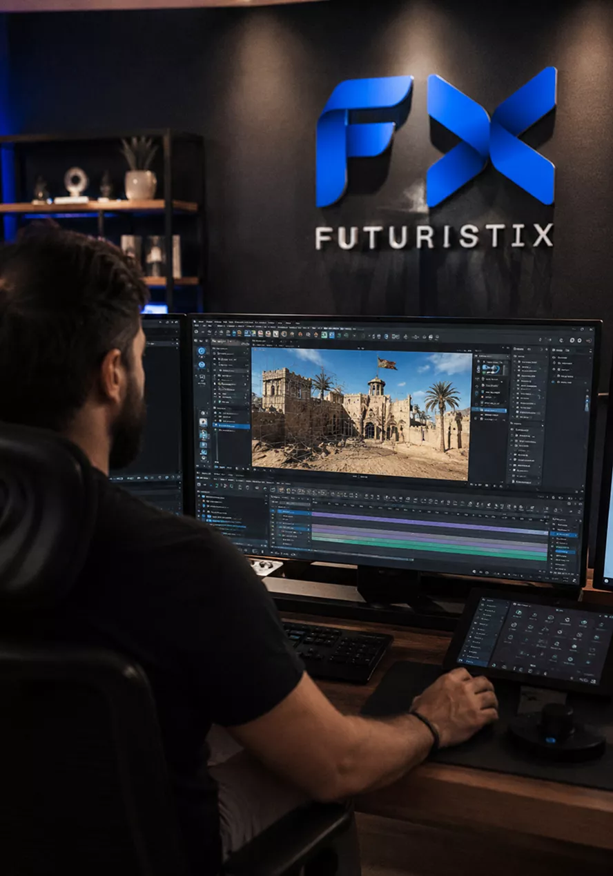 video-editor-works-on-desert-landscape-footage-in-an-editing-suite-with-the-fx-futuristix-logo-displayed-on-screen